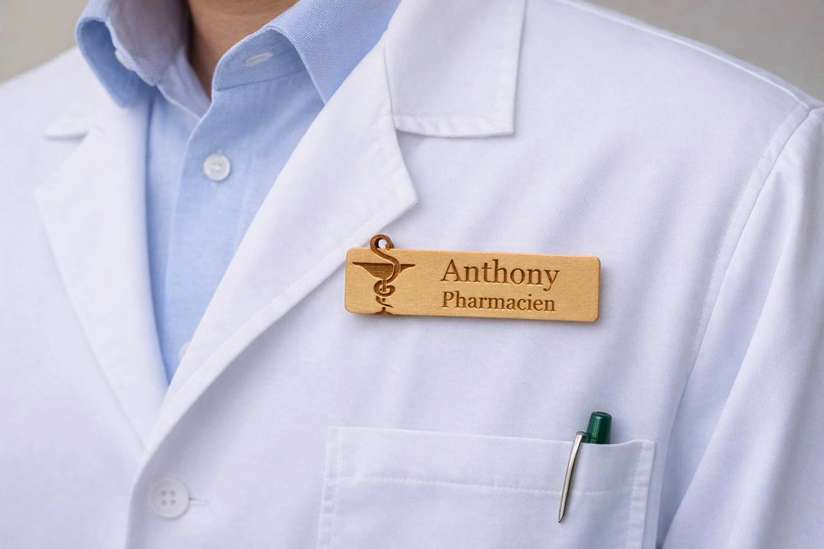 badge personnalisé en bois prénom et fonction porté sur blouse professionnelle